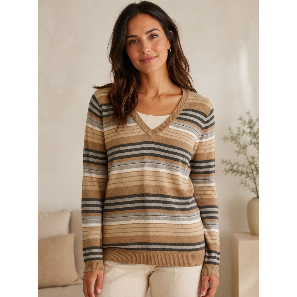 Croft & Barrow Large Striped V Neck Sweater 100% Cotton Neutral Layered Look